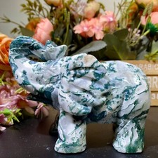 684g Natural Moss Agate Elephant 130mm Hand Craved Crystal Figurine Gift picture