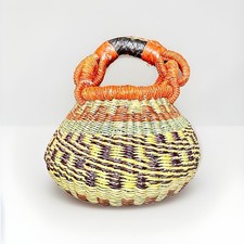 Vintage African Bolga Basket Handwoven Wicker Market Tote Bag Leather Handle Boh picture