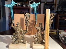 Pair of Antique Greek Women Bronze Girandole Figural Epergnes w/ Blue Vases picture