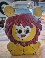 Vintage Ceramic Lion Piggy Bank Hand Painted 1970s Kitsch Retro Nursery Decor picture