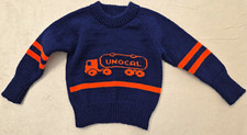 Vintage Union 76 Unocal Oil Semi Tanker Truck Knit Babies Sweater Navy Orange Sm picture