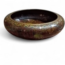 Asian Trad Cloisonne Enamel Bowl Thousand Flowers Motif Brown & Gold VTG picture