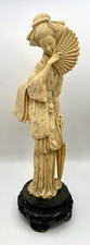13.5” Vintage Carved Bovine Bone Geisha Figurine Fan Parasol Wood Base picture