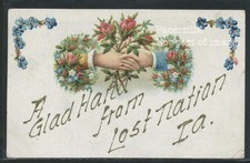 IA Lost Nation CHROMOLITH 1909 GLAD HAND from LOST NATION Hands across the Sea   picture