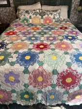 Vintage Handmade Quilt 1930s Grandmothers Garden Handstitched Feedsack Queen picture