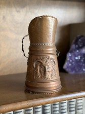 Vintage Hammered Copper Coal Scuttle Satyr Faun Mask Fireplace Hod Bucket 8” picture