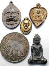 5 Pcs Thai Buddhist Amulet Lot Vintage Antique Bronze Lucky Protection Talisman picture