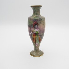 Antique French Scenic Enamel Vase with Woman in Bonnet Walking in the Woods picture