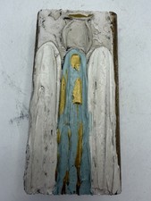Vintage Folk Art Angel Wall Plaque Hand Painted Wood & Plaster Relief 2.5