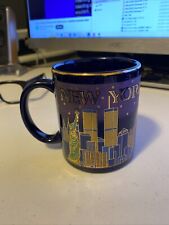 Vintage New York City Coffee Mug With Pre 911 Twin Towers Blue Gold Skyline picture