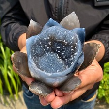 392G Natural Agate Geode Carved Lotus Flower, Hand Carved Healing Crystal Hom picture