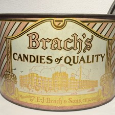 Antique EJ Brach & Sons Lg Round Gold Candy Tin w/Litho of Chicago 1920 Factory picture