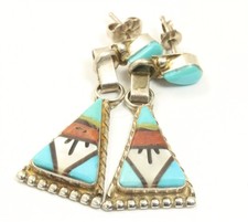 Vintage Zuni Wilson & Carolyn Niiha Sterling Silver Inlay Dangle Earrings picture