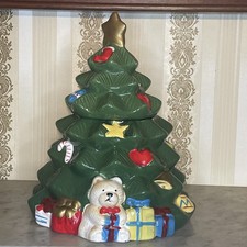 Vintage Ceramic Two Piece Christmas Tree Cookie Jar QVC Teddy Bear Star Horse picture
