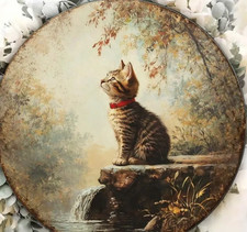 Vintage Tabby Cat Wall Art Round Kitten Plaque Waterfall Stream Home Wall Decor picture