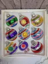 Box Of Vintage 2002 Blown Glass Indent Retro MCM Style Christmas Ornaments picture