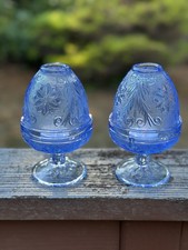 MINT Matching Fairy Lamps Pair Horizon Blue Indiana Glass Tiara Chantilly VTG picture