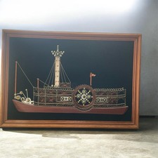 VINTAGE FRAMED STEAMBOAT STRING ART ON BLACK VELVET 25.5 X 17.5” MCM picture