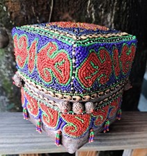 Vintage Wedding Basket Box Indonesia Trousseau Dowry Floral Beaded Shell Sumatra picture