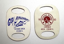 Two 1960's neckerchief slides; Chicago Area Council; Go Roundup, and Adventure picture