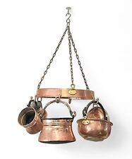 Antique Copper Hanging Pot Rack & Pots Colander 6 Piece Primitive Dovetailed picture