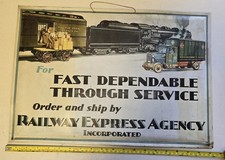 VINTAGE RAILWAY EXPRESS AGENCY TIN SIGN Early 1900s. TRAIN COOL 19x13  picture