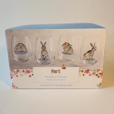 Pier 1 Imports Gray Bunnies Hand-Painted Stemless Glasses Set of 4 NEW in Box picture