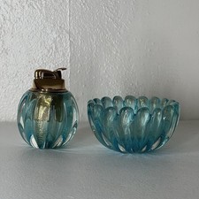Vtg Evans Lighter & Ashtray Set Glass Blue Gold Fleck  Rare Sparks picture