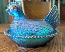 Vintage Indiana Glass Blue Carnival Blue Hen on Nest Covered Dish picture