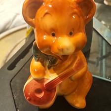 Vintage Royal Copley Ceramic Teddy Bear Playing Mandolin Planter Vase 1940s 1950 picture