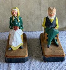Hand Carved Hand Painted Wood Couple Figurines (Man & Woman) 2pc 1900-1919 picture