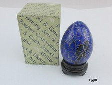 Vtg Cloisonne Goldtone Etched Enameled Brass Egg w Wood Base 3