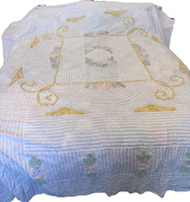 Queen Chenille Vintage Yellow Pink flower  Bedspread Coverlet Blanket picture