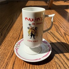 VTG Maxim's de Paris Ceramic Coffee Cup & Saucer Set White Pink MCM picture