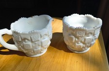 Vintage Westmoreland Old Quilt Pattern Large Milk Glass Cream & Sugar Set picture