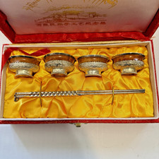 VTG Tibetan 925 Sterling Silver Gold Wash Burlwood Tea Bowl Chopstick Set Boxed picture