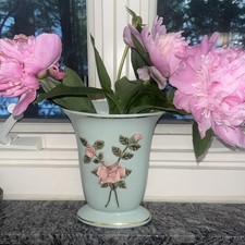 VTG BLUE  Raised Applied  Pink Roses Ceramic FLOWER Vase 7.5” Deco Antique picture