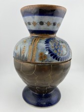 Vintage Mexican Tonala Vase With Face, Bird, Fish, Brass Bottom, signed Prodimex picture