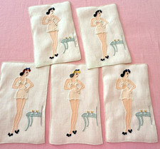 Vintage Cocktail Napkins 1950s Risque Pin Up Girls Madeira Embroidered Linen 5 picture