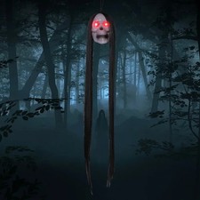 Halloween Hanging Ghost Skull, Long Hair Glowing Eyes Haunted House Prop 2026 picture