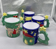 Holiday Christmas Mugs 5X Vintage La Musa Made In Italy Tree Star Handle 4.25
