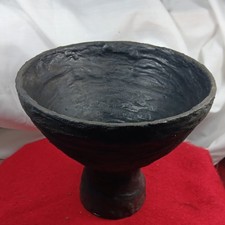 Handmade folk art Black Clay Pedestal Bowl Matte Finish Primitive Rustic Round  picture