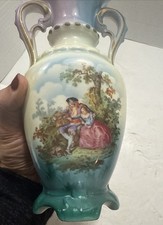Vtg Czechoslovakian Porcelain Vase W/ Hand-Painted Courting Scene-Double Handles picture