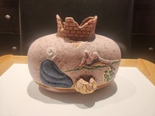 Post-Modern Studio Art Pottery Vessel – Pomegranate & Landscape Motif (1991) picture