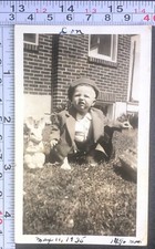 1935 Little Boy Crouching Down Easter Rabbit Bunny Toy BW Photo Snapshot picture