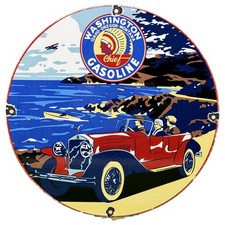VINTAGE WASHINGTON GASOLINE PORCELAIN SIGN CHIEF ROUND RED ROADSTER GAS STATION picture