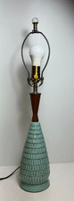 Mid Century Atomic Turquoise Glazed Ceramic & Walnut Wood Lamp 18.25 in. picture