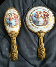 Vintage Ornate Hand Mirror & Hairbrush Set, Classical Scene Decorative Handles picture
