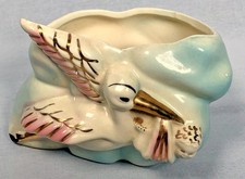 Vintage Ceramic Stork Delivering Baby Boy Nursery Planter Blue Gold Trim 6 In picture