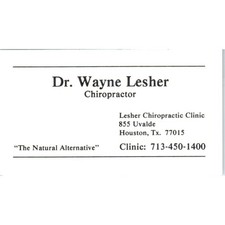 Dr. Wayne Lesher Chiropractor Houston TX Vintage Business Card SE3-B7 picture